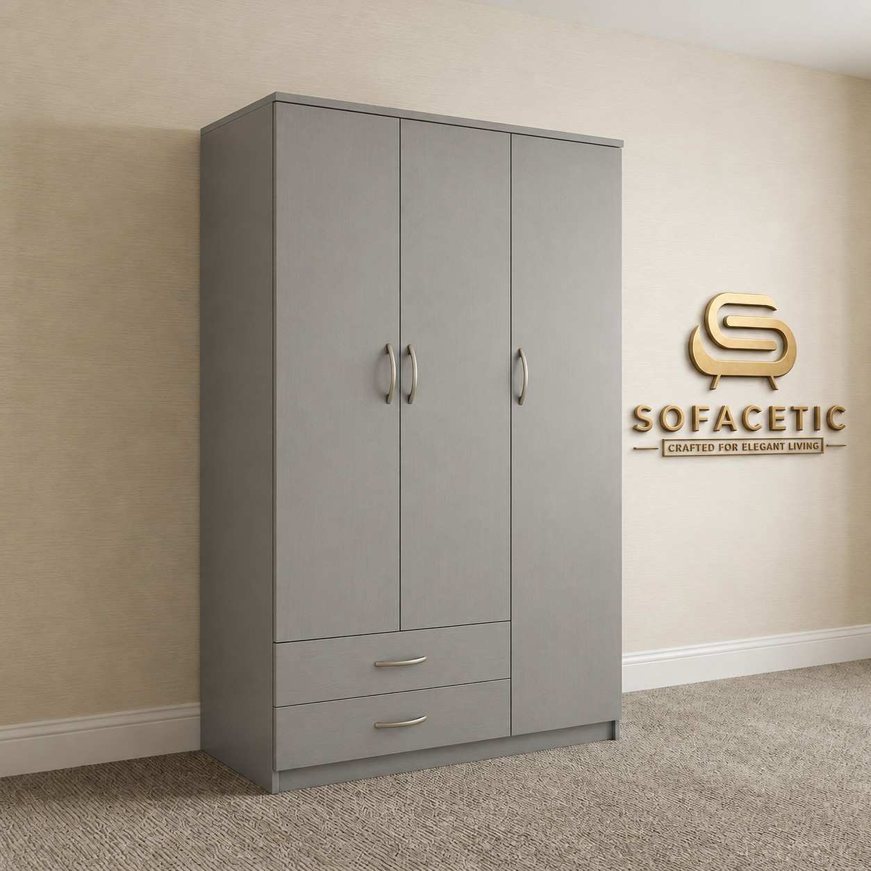3 Door Grey Color Wardrobe