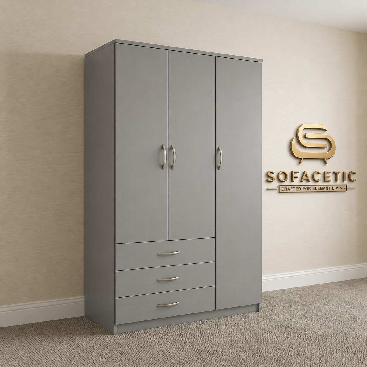 3 Door Grey Color Wardrobe