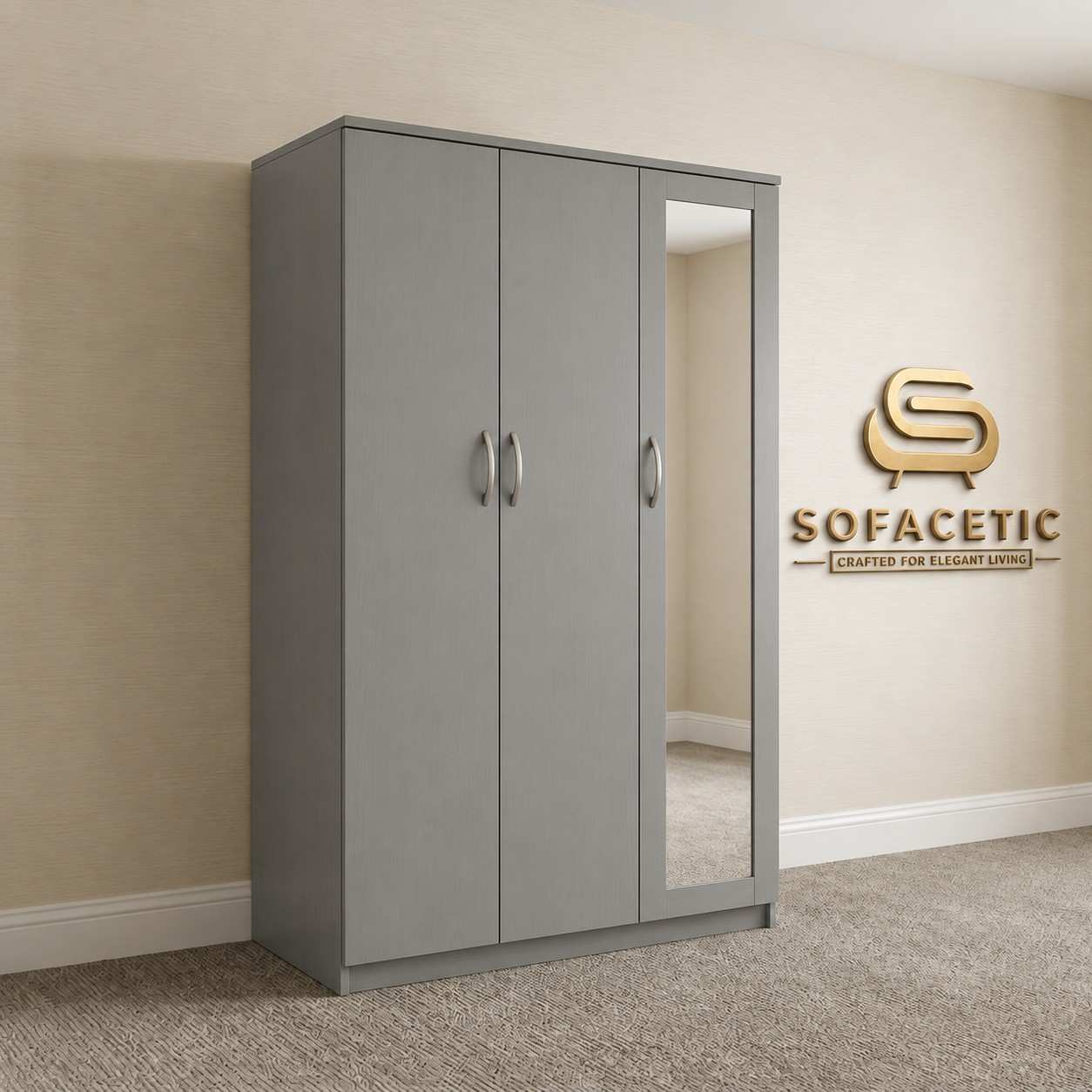 3 Door Grey Color Wardrobe
