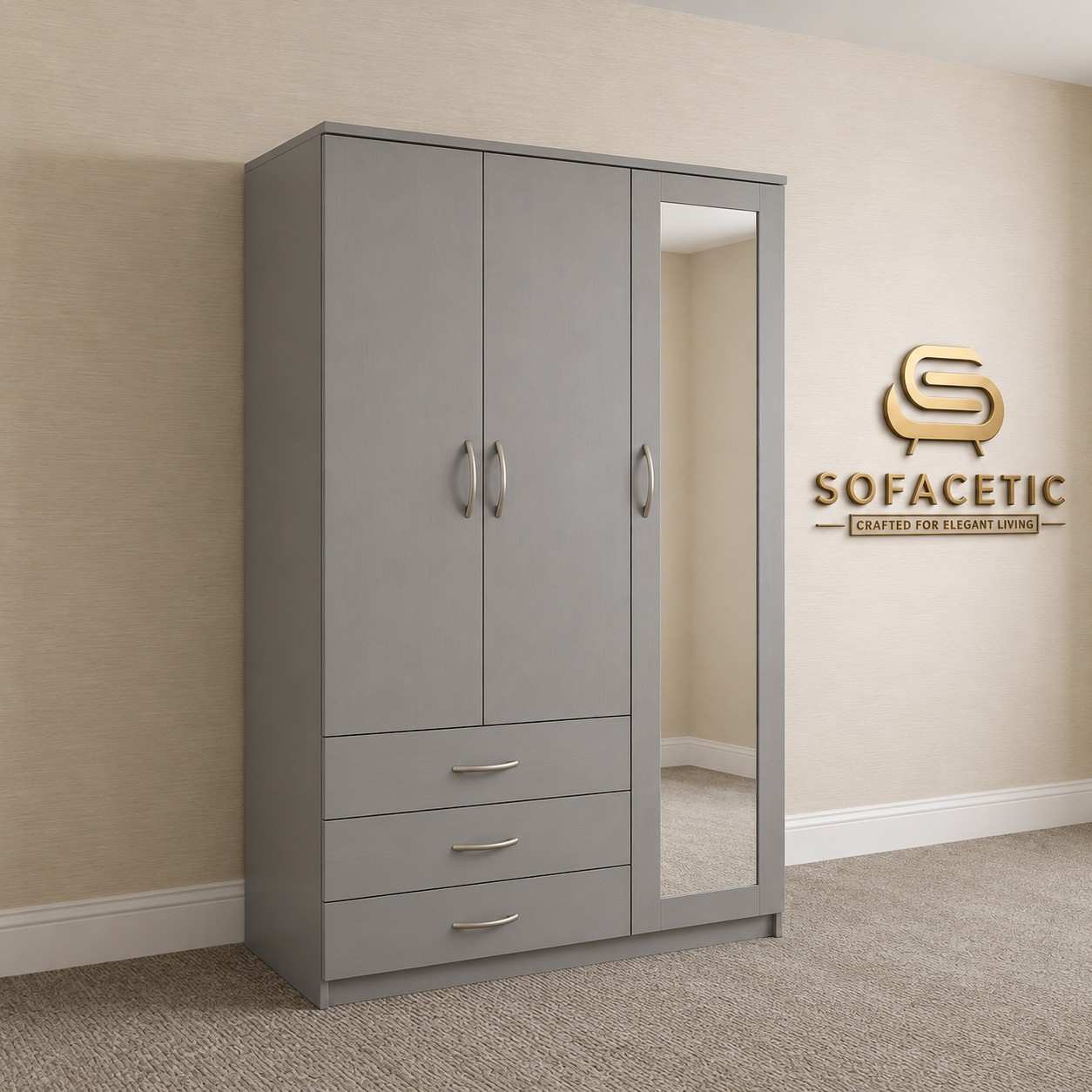 3 Door Grey Color Wardrobe