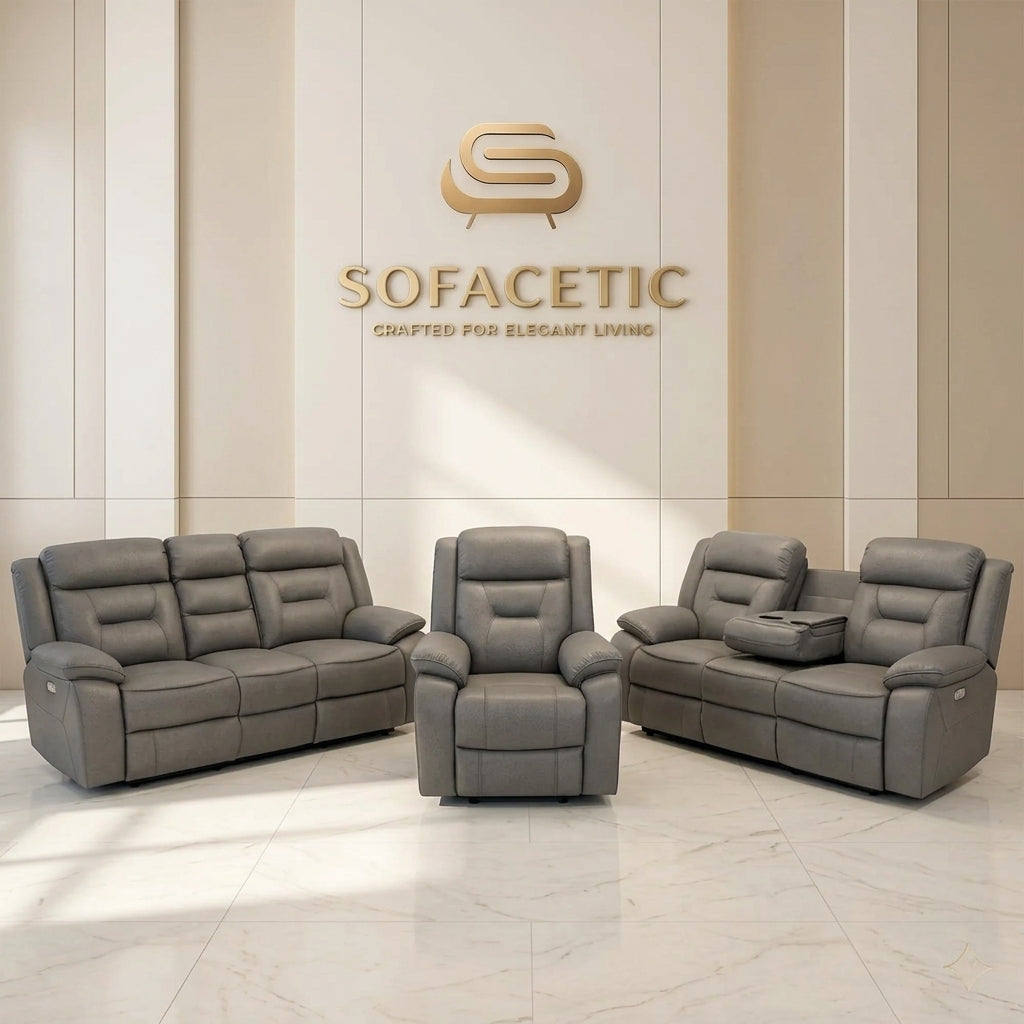 NOVA Leather Recliner Sofa Grey Set