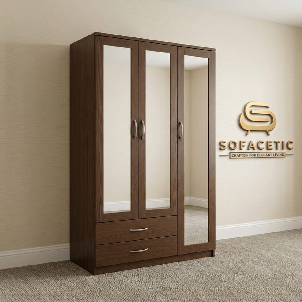 3 Door Walnut Color Wardrobe