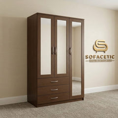 3 Door Walnut Color Wardrobe