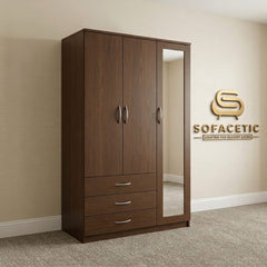 3 Door Walnut Color Wardrobe