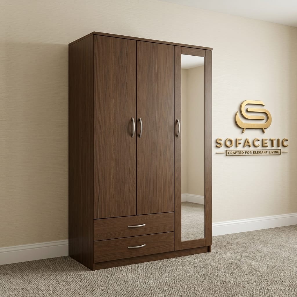 3 Door Walnut Color Wardrobe
