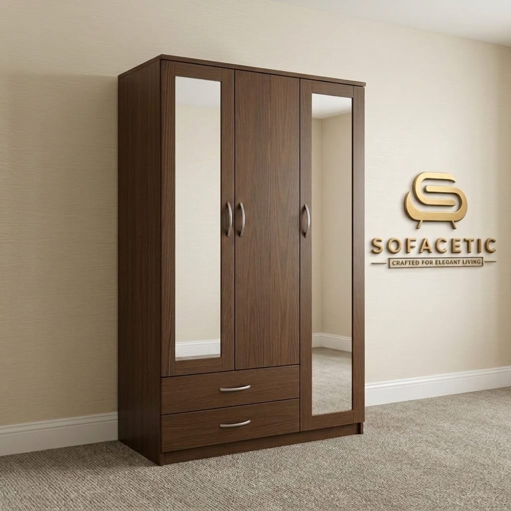 3 Door Walnut Color Wardrobe