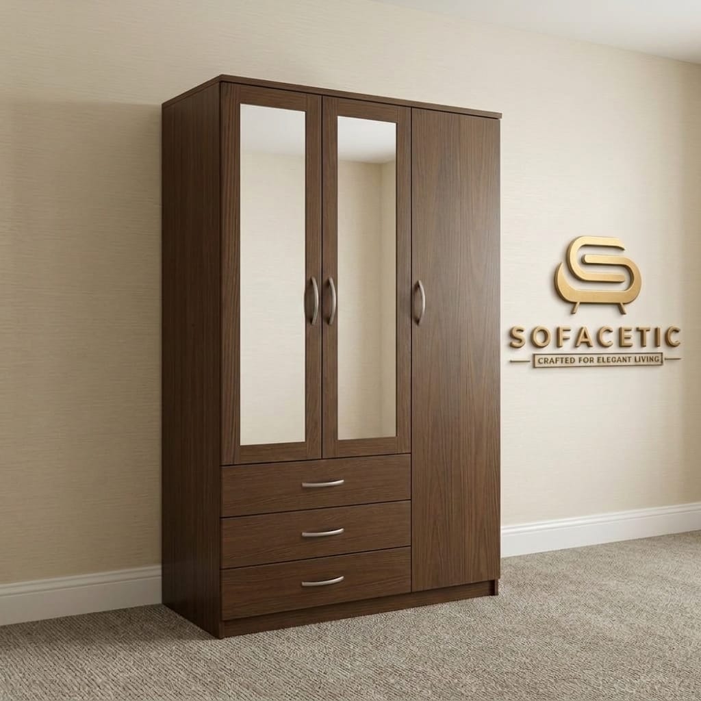3 Door Walnut Color Wardrobe