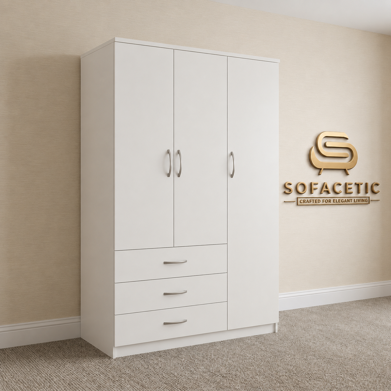 3 Door White Color Wardrobe