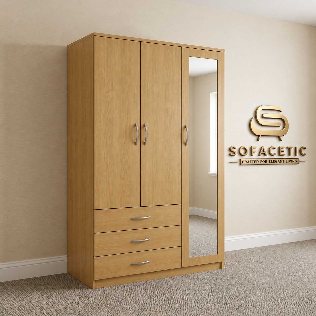 3 Door Oak Color Wardrobe