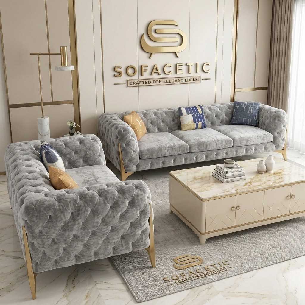 Italian Crush Velvet Fabric Chesterfield Sofa Set