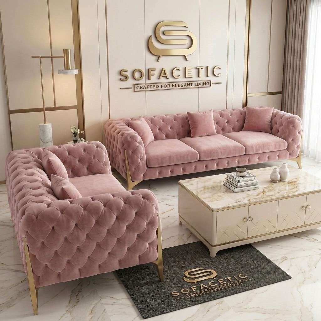 Italian Plush Velvet Fabric Chesterfield Sofa Set
