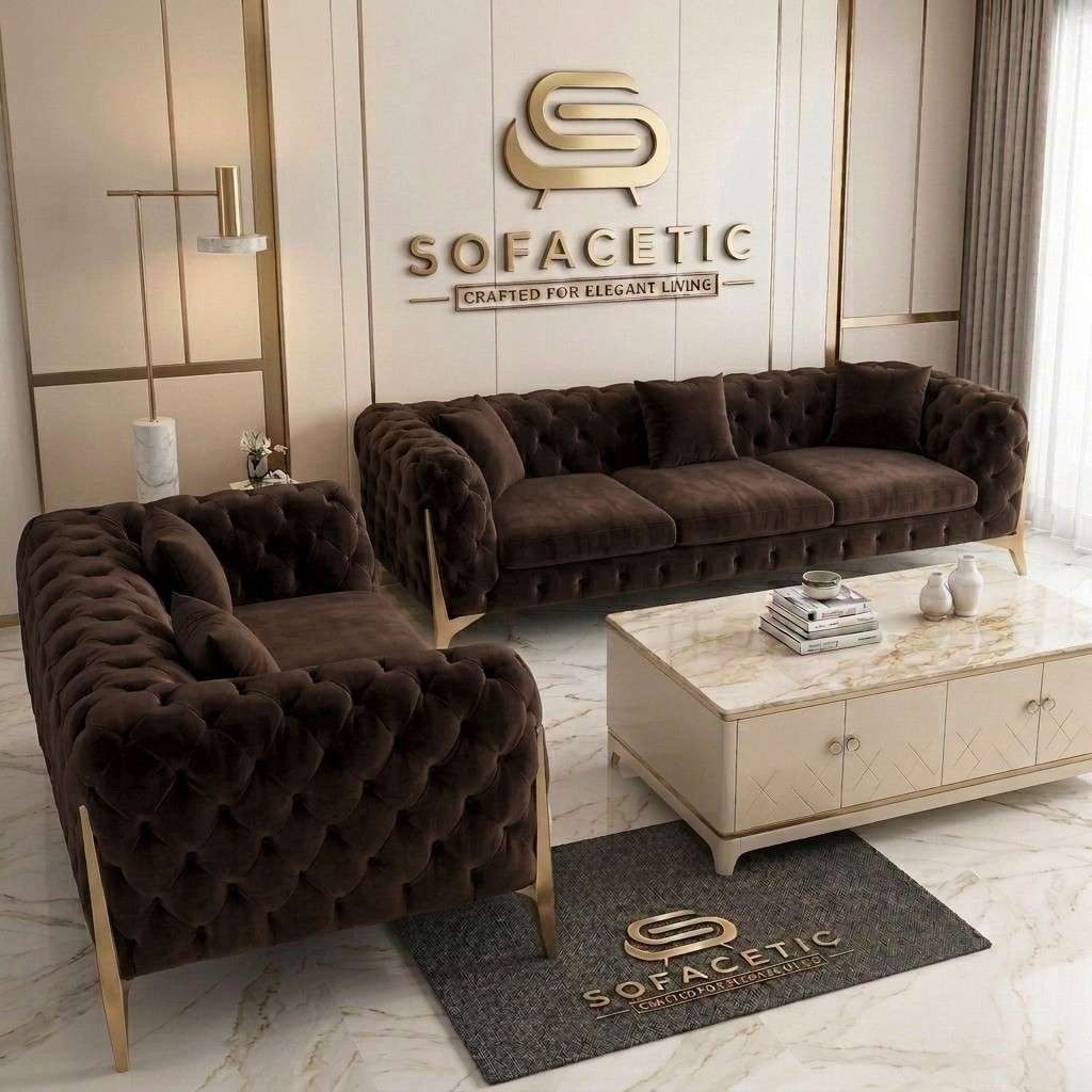Italian Plush Velvet Fabric Chesterfield Sofa Set
