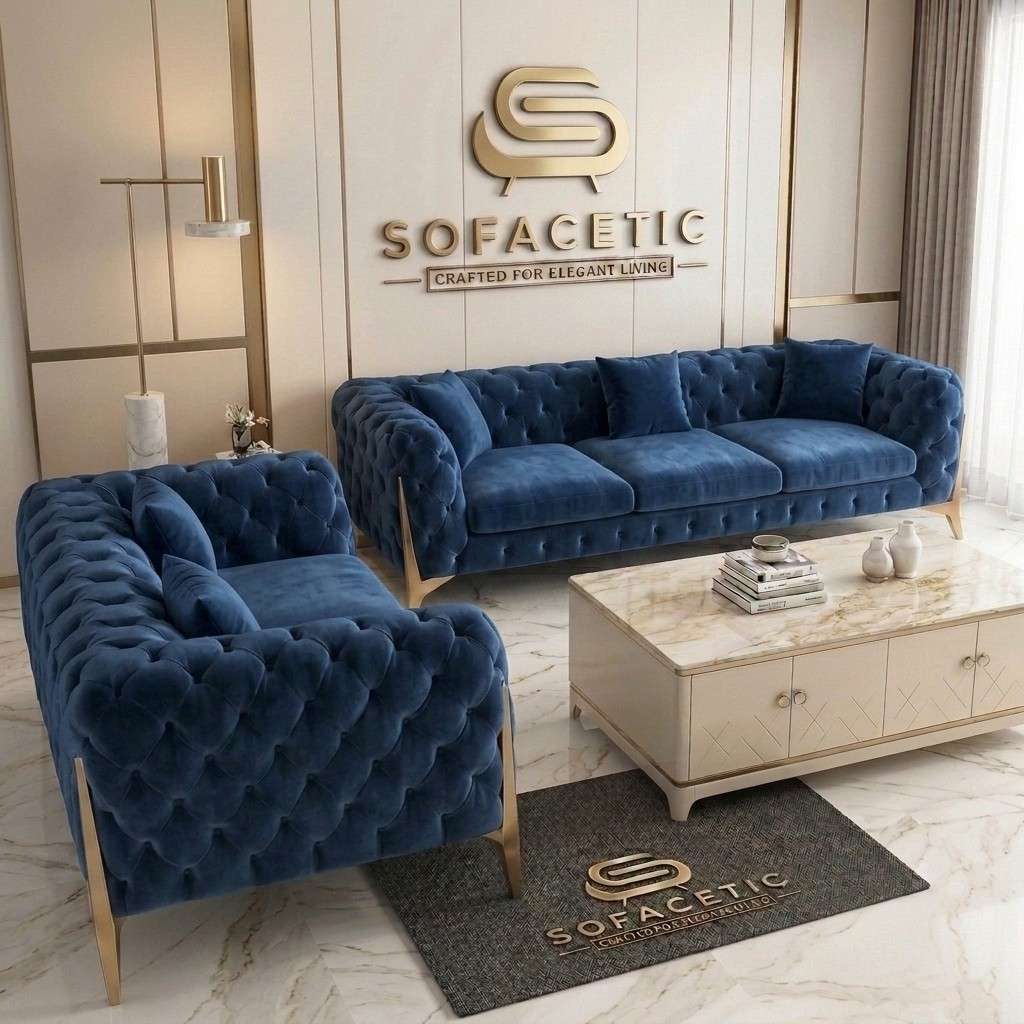 Italian Plush Velvet Fabric Chesterfield Sofa Set