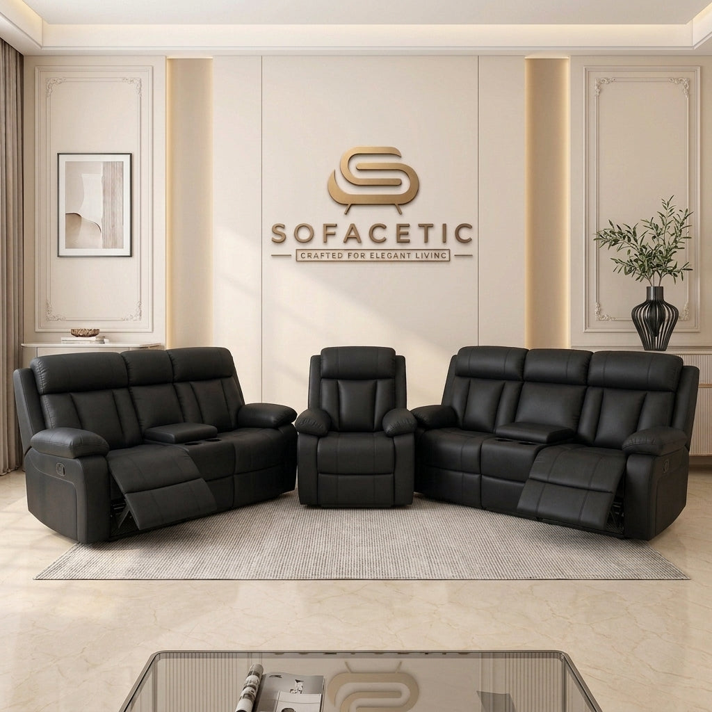 Vancouver Leather Recliner Sofa Black Set