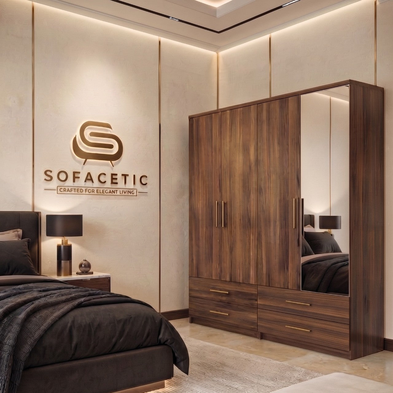 4 Door Walnut Color Wardrobe